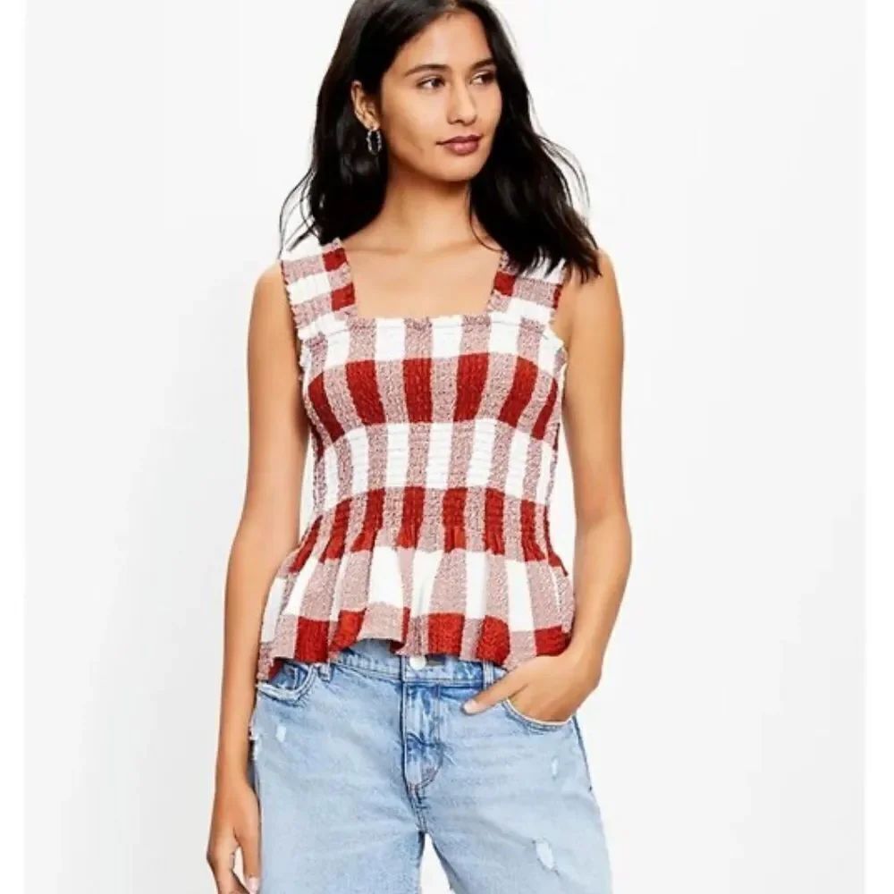 Loft Rust & White Smocked Stretchy Peplum Sleeveless Top